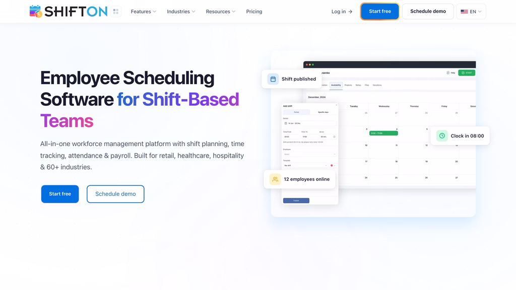 Shifton homepage showing a shift schedule with clock-in and online employee notifications beside the scheduling software headline