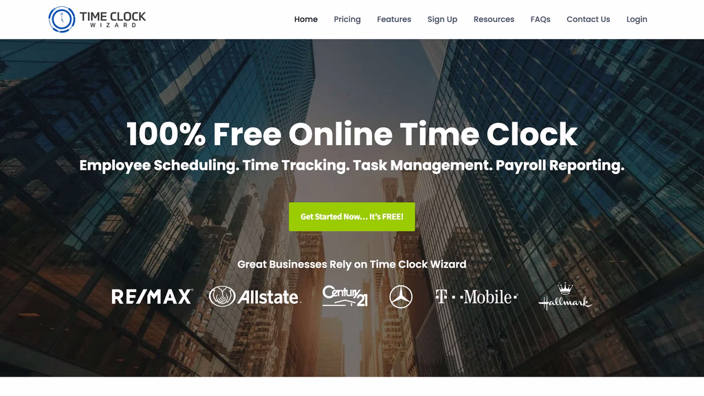 Time Clock Wizard homepage headline for a free online time clock over a city skyline photo