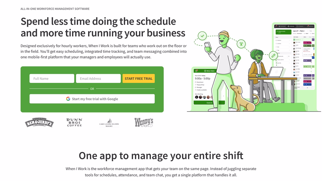 When I Work homepage with a scheduling headline, a free trial signup form and an illustration of the mobile app
