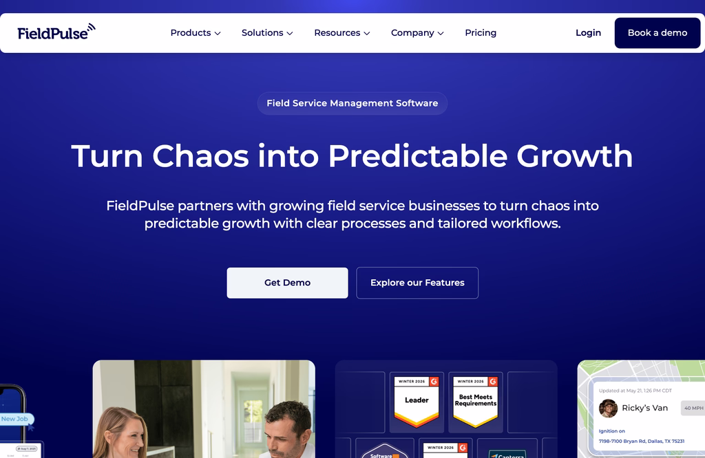 FieldPulse field service management software homepage with a headline and Get Demo and Explore our Features buttons