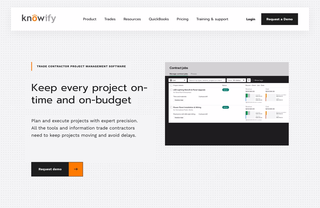 Knowify trade contractor project management software page with a contract jobs table showing phases, invoiced and cost bars