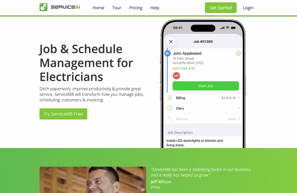 ServiceM8 electrician job management software with a phone screen showing a job, billing and diary