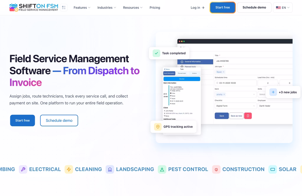 Shifton Field Service Management software homepage with a job card showing task details and GPS tracking active