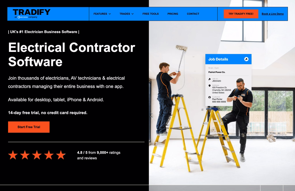 Tradify electrical contractor software page with a free trial button and a job details card beside an electrician on a ladder