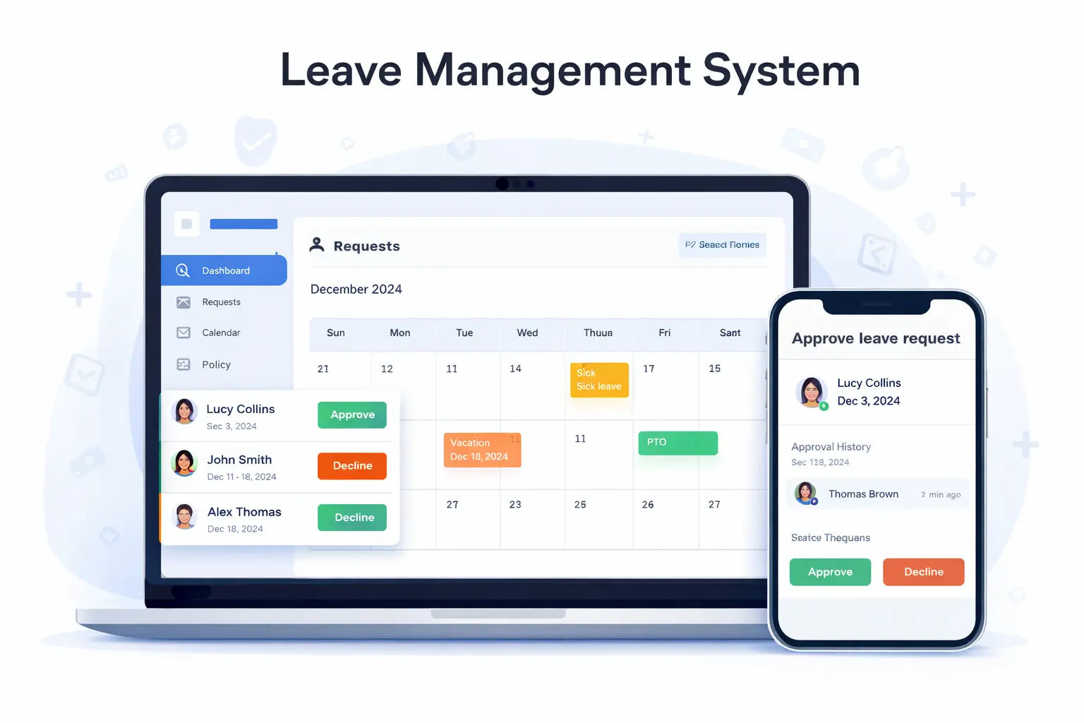 Leave management system dashboard showing time off requests, approvals, and a leave calendar