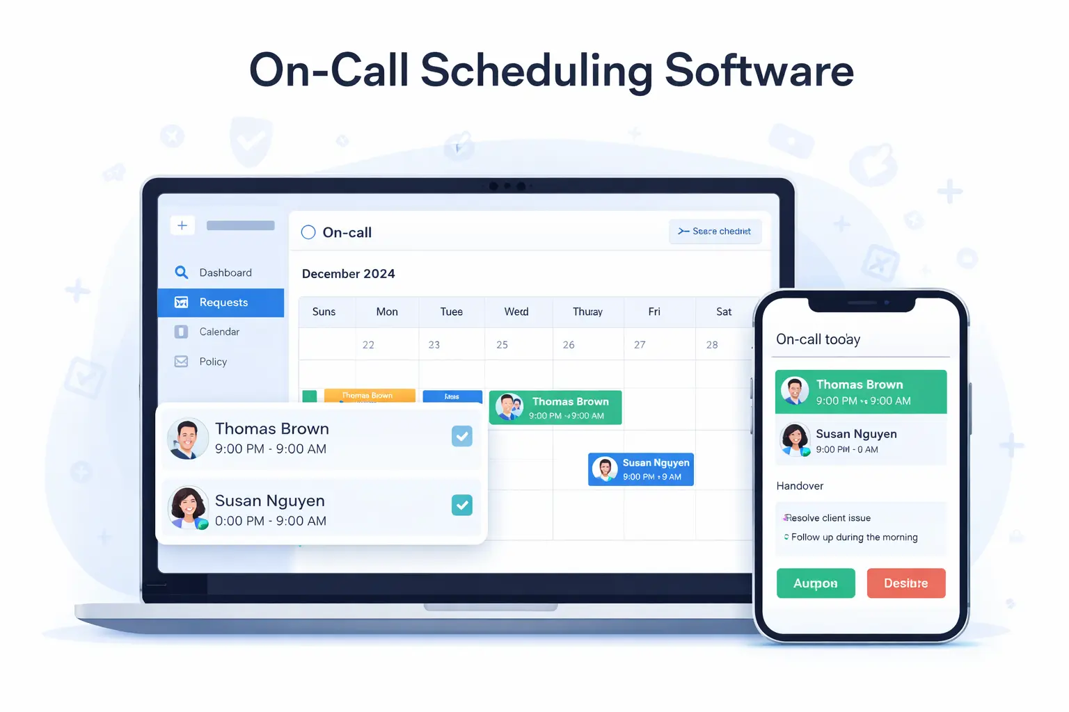On-call scheduling software dashboard showing on-call rotations, coverage, and handover notes