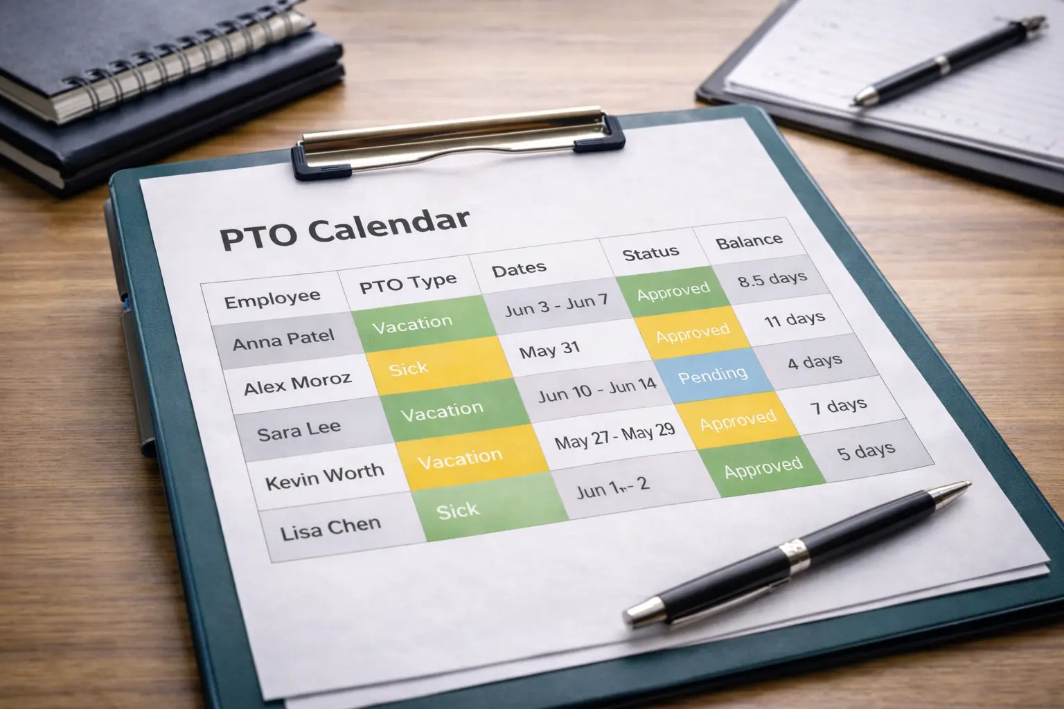 PTO tracking software calendar view with time off requests and PTO balance report